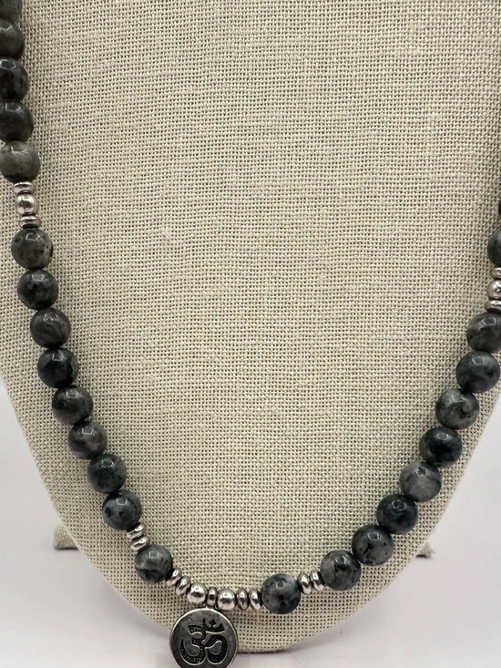 Artisan Jewelry - Gray Obsidian Beaded Necklace w/ Ohm Pendant Silver Spacers Yoga Buddhist Mala